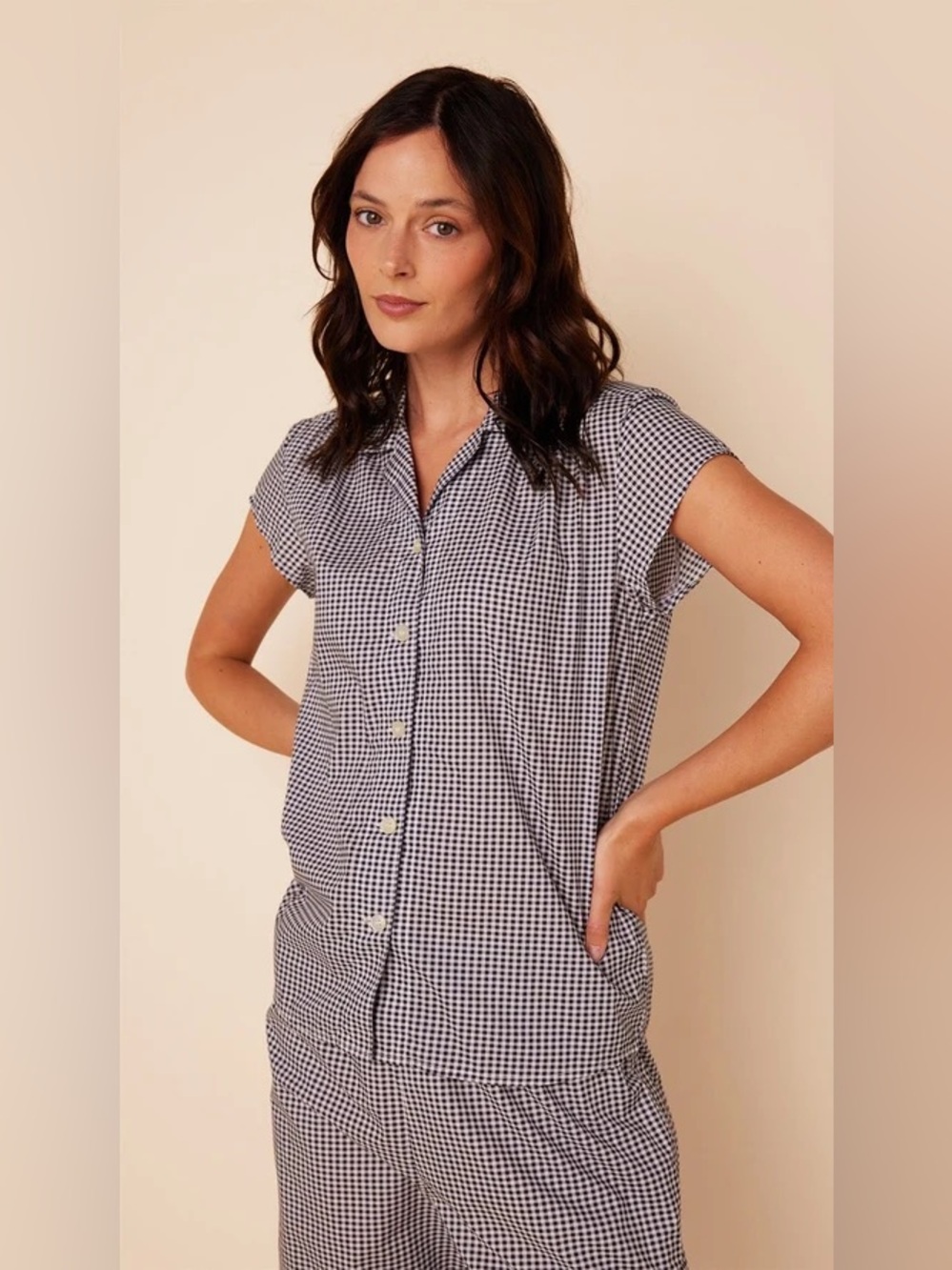 The Cats Pajamas Navy Classic Gingham Luxe Pima Short Set Size Large